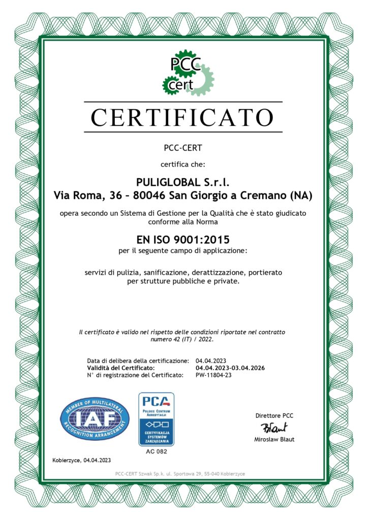 Certificato di qualità di Puliglobal, attestante l'eccellenza nei servizi di pulizia e sanificazione professionale.