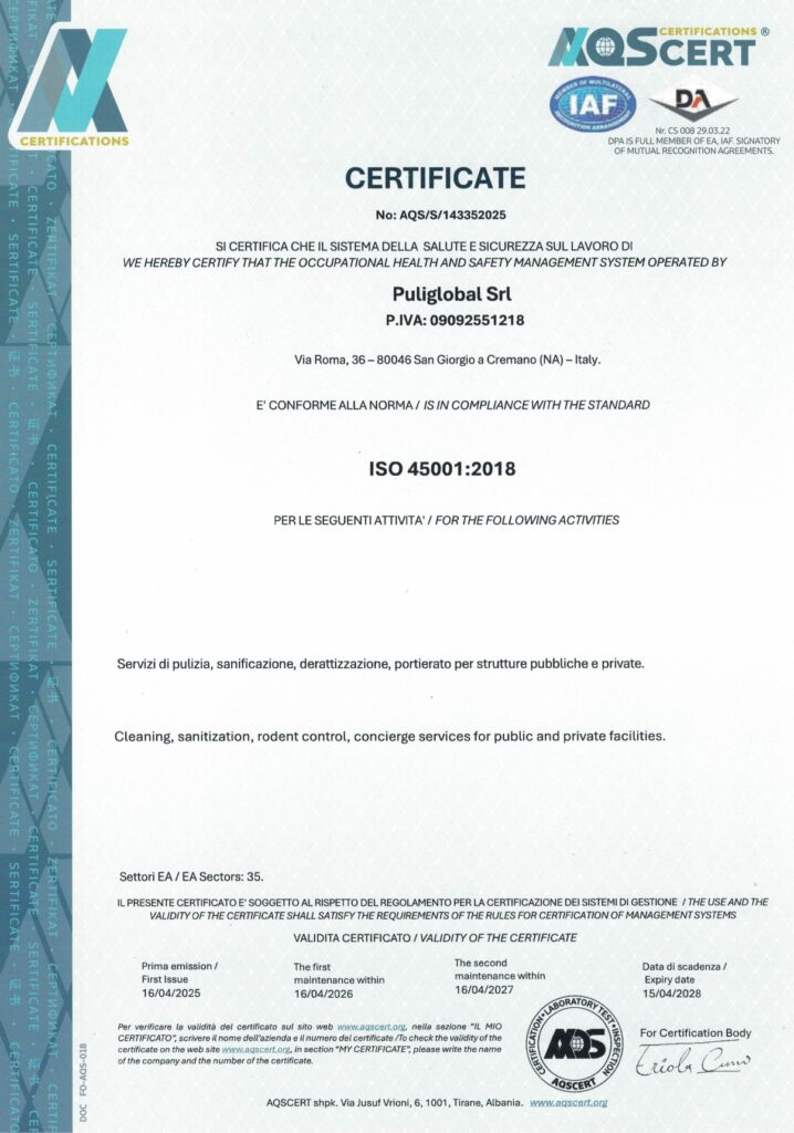 Certificato ISO 45001 di Puliglobal, che attesta la conformità agli standard di sicurezza e salute sul lavoro.