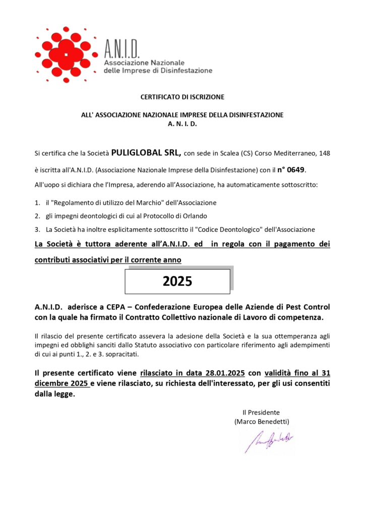 Certificato aziendale di Puliglobal Srl, che attesta la registrazione e l'affidabilità dell'impresa nei servizi professionali.